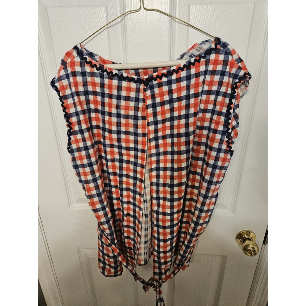 Vintage Gingham Apron Blouse Open Back Tie Wrap Top w Rick Rack Trim Grandmacore